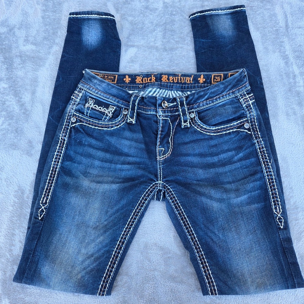 Rock Revival Skinny Jeans Womens 26 Blue Excellent Embellished Y2K Dark Wash